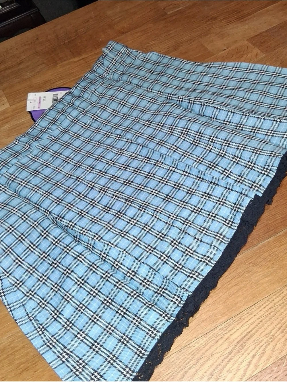 Light Blue Plaid Mini Skirt with Lace Trim